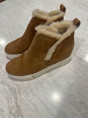 Dolce Vita Tan Suede Faux-Fur Wedge Slip-On Booties
